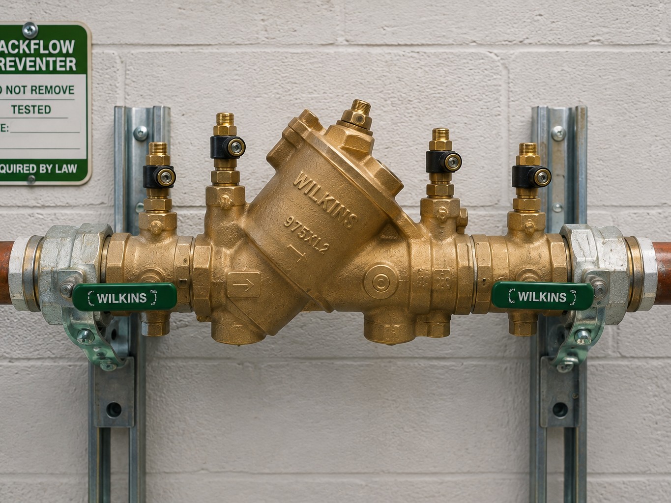 A backflow prevention assembly installed on a commercial building's water line, with visible test cocks and shutoff valves