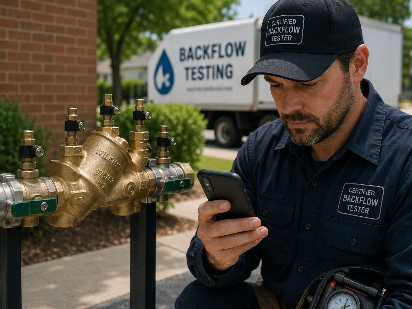 A backflow tester reviewing device records on a phone next to a brass backflow prevention assembly