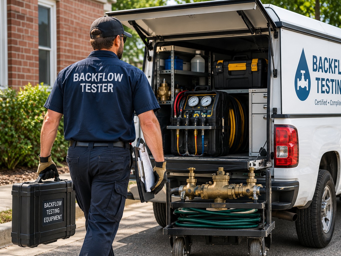 A backflow tester walking toward a service truck with a toolbox, mid-route between jobs