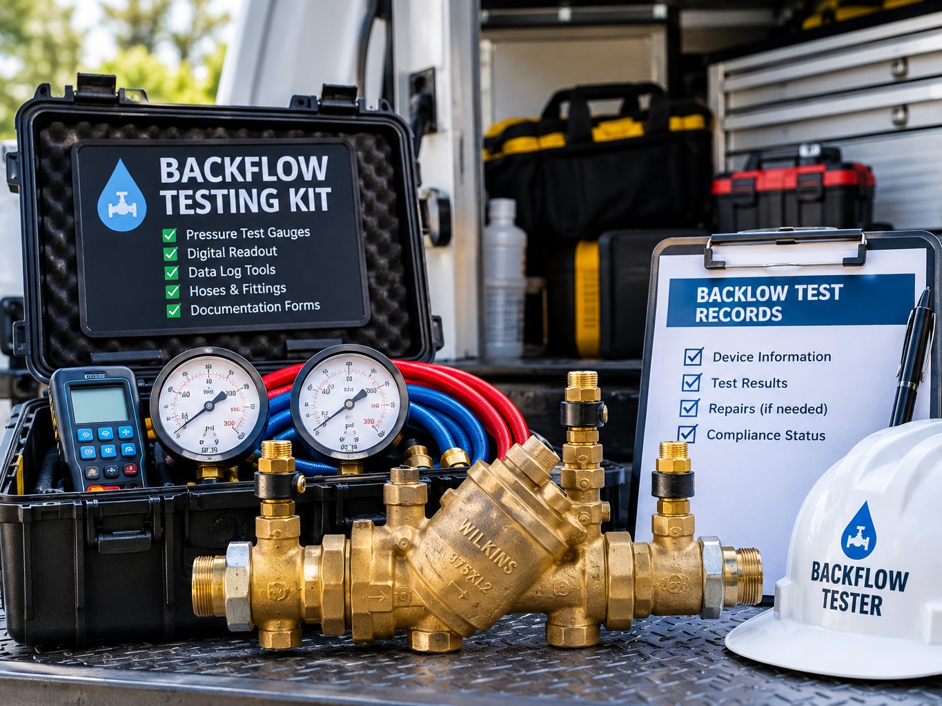 A backflow test kit and gauge laid out on a truck tailgate, ready for a job