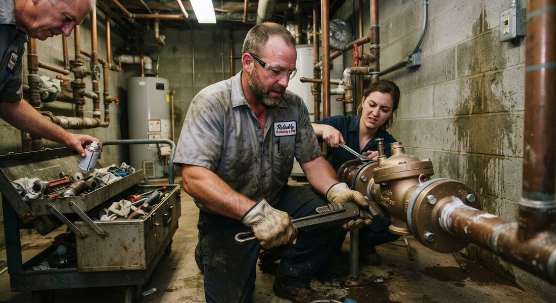 Backflow testing technicians servicing a device on a jobsite